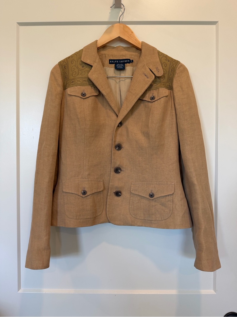 Vtg Ralph Lauren Leather Linen Tan Academia Quiet Luxury Military Blazer 10